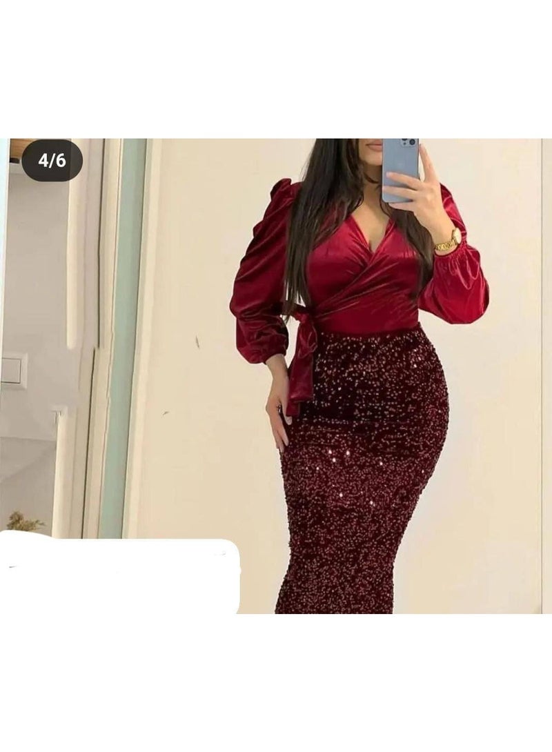 Luxurious Burgundy Velvet Two-Piece Winter Set: Royal Elegance and a Pashaut Touch 2026 Code 806 - Image 3