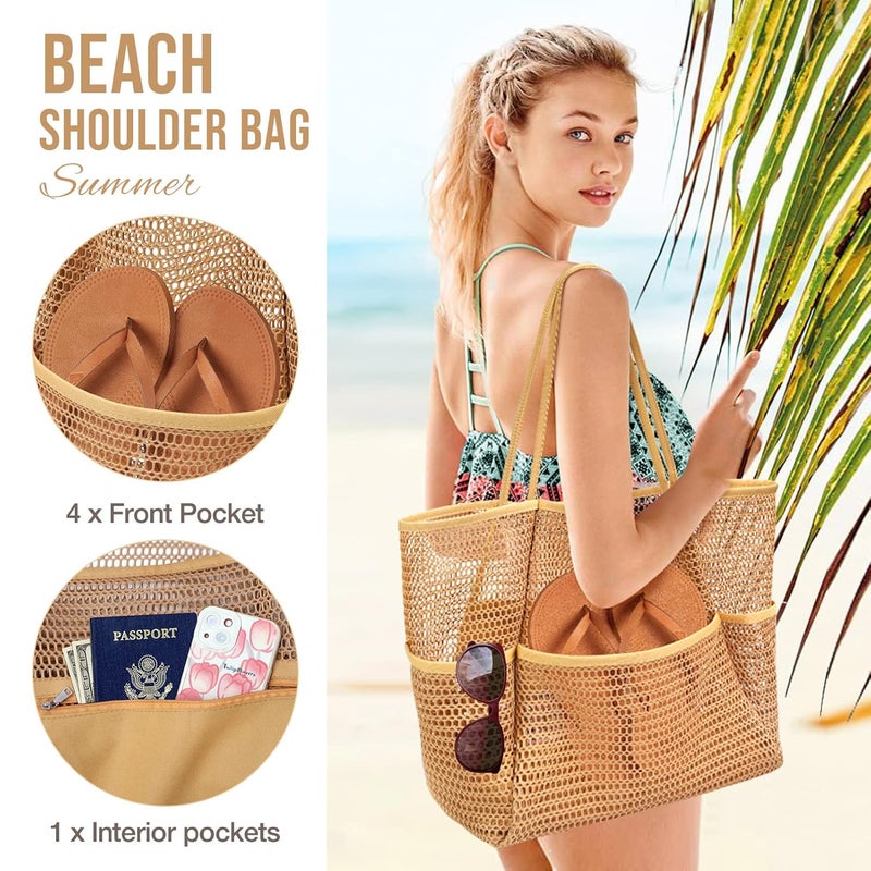 KPX Beach Bag with Mini Pocket, Beach Tote Bags for Women Large Foldable Mesh Swimming Pool Travel Bags - Sandproof - Image 4