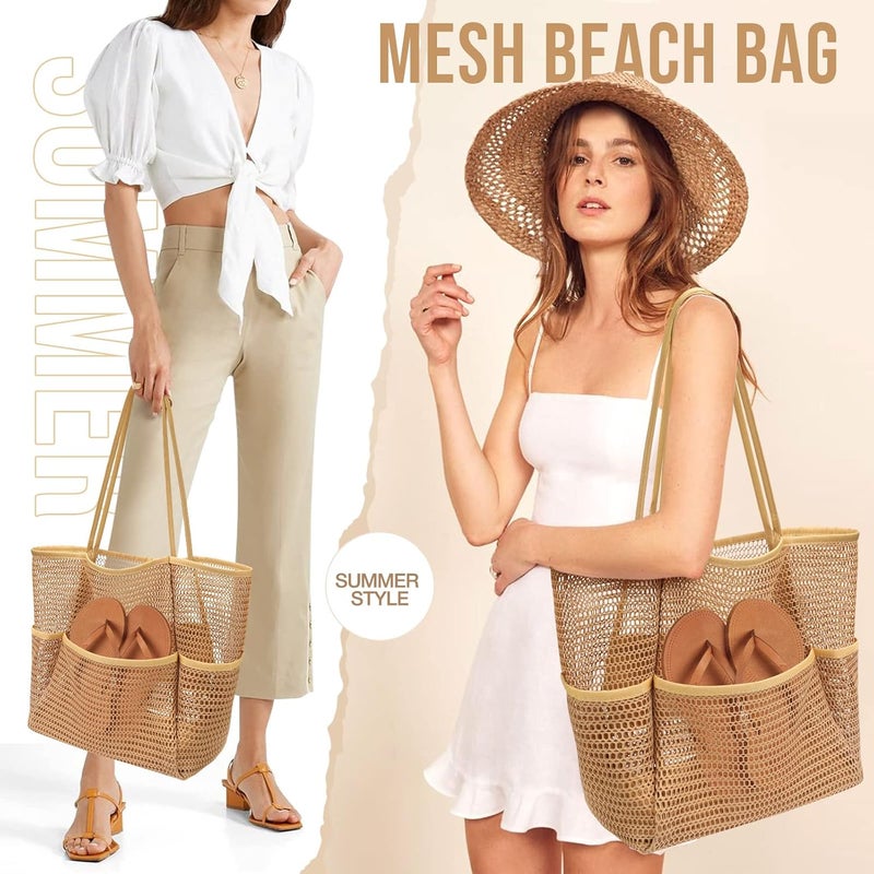KPX Beach Bag with Mini Pocket, Beach Tote Bags for Women Large Foldable Mesh Swimming Pool Travel Bags - Sandproof - Image 3