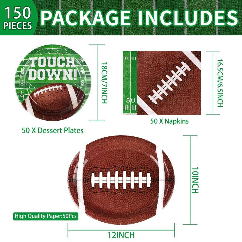 Grencian 150PCS Football Party Decorations Disposable Football Oval Paper Plates and Napkins Sports Theme Tableware Set for Sports Game Day Party Decor Birthday Party Supplies Serves 50 - Image 3