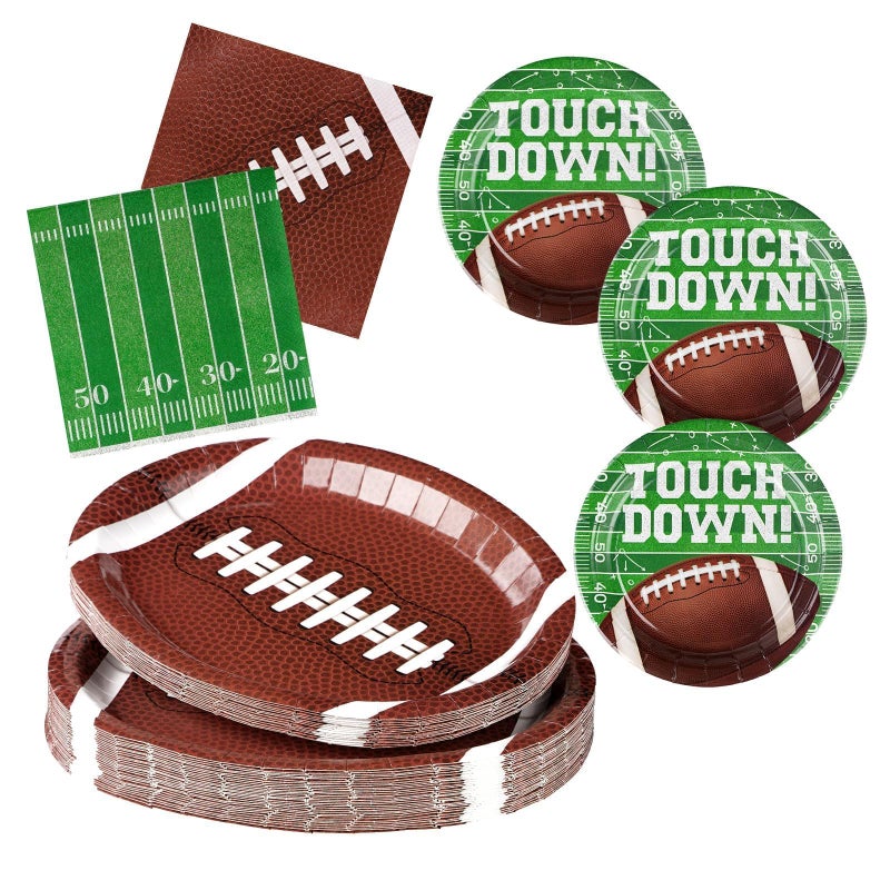 Grencian 150PCS Football Party Decorations Disposable Football Oval Paper Plates and Napkins Sports Theme Tableware Set for Sports Game Day Party Decor Birthday Party Supplies Serves 50 - Image 1