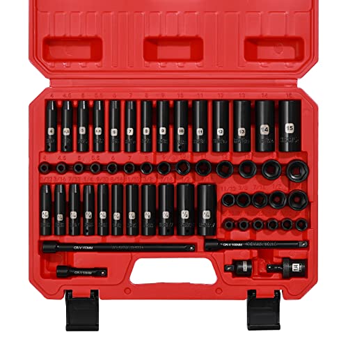 EMENTOL 55PCS 1/4" Drive Deep and Shallow Impact Socket Set, CR-V, SAE/Metric, 6 point, 5/32 Inch - 9/16 Inch, 4mm - 15mm, Impact Extension Bars, Universal Joint, Adapter - Image 2