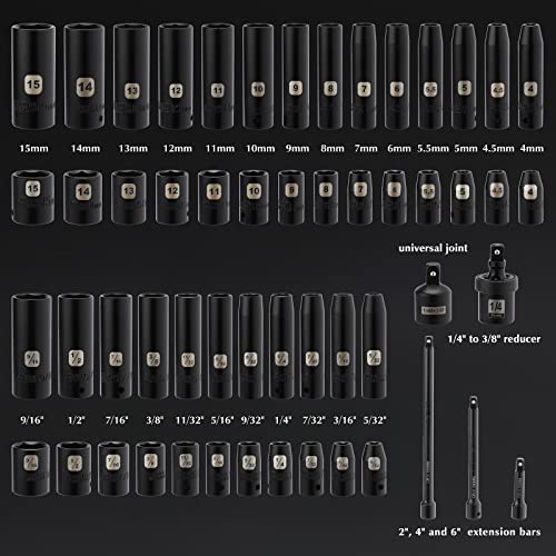 EMENTOL 55PCS 1/4" Drive Deep and Shallow Impact Socket Set, CR-V, SAE/Metric, 6 point, 5/32 Inch - 9/16 Inch, 4mm - 15mm, Impact Extension Bars, Universal Joint, Adapter - Image 3