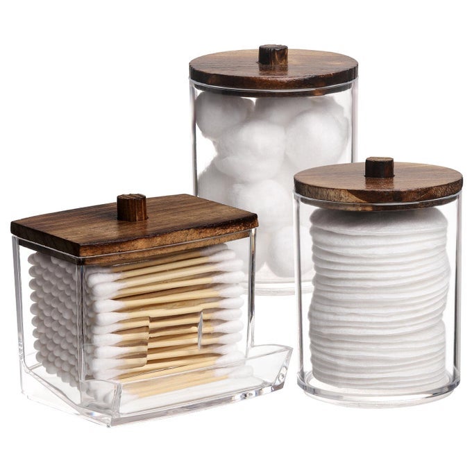 QTIPS HOLDER BATHROOM CONTAINER 107 OZ COTTON BALLSWABS DISPENSER APOTHECARY JAR ORGANIZER FOR STORAGE BROWN WOOD LIDS