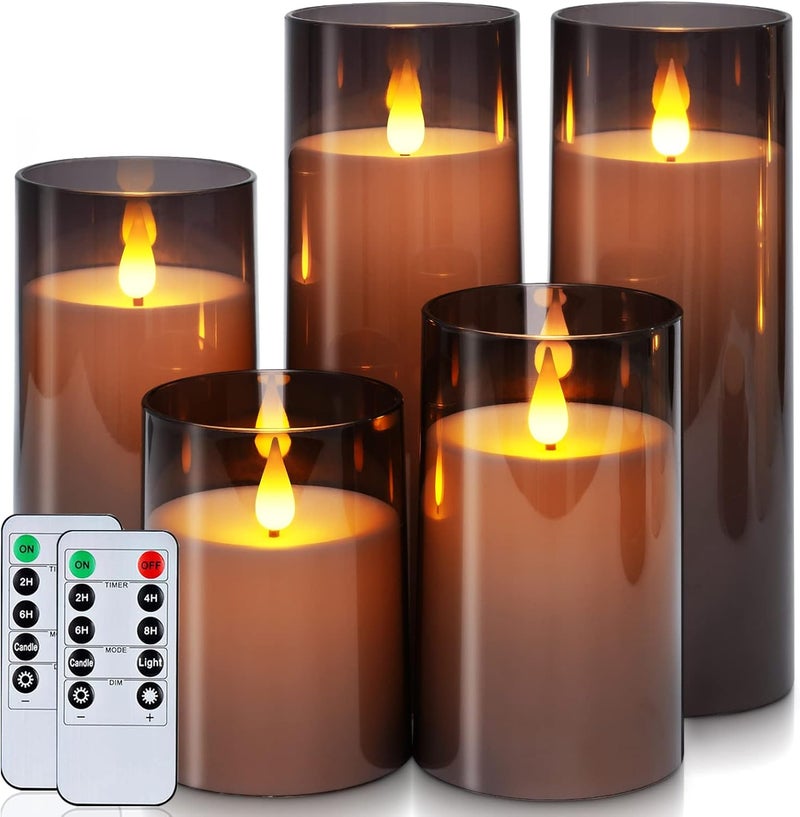 Homemory Gray Flickering Flameless Candles, Battery Operated Acrylic LED Pillar Candles with Remote Control and Timer, Set of 5 - Image 1