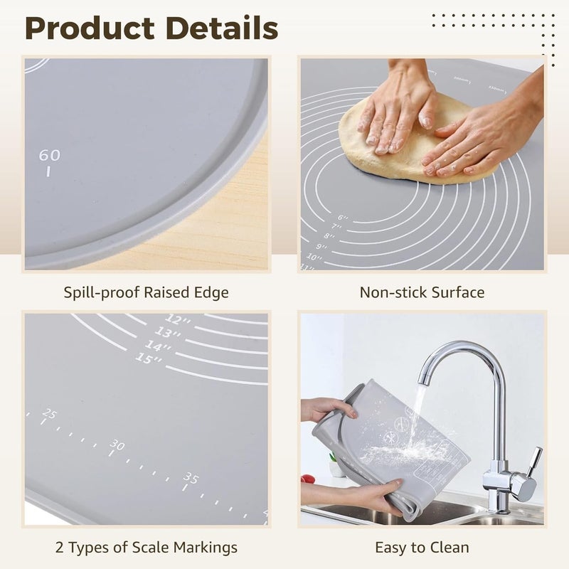 Silicone Pastry Mat, 31.5×23.6 Non-Stick Baking Mat, Extra Thick Kneading Mat with Accessories Like Scraper, Cutter, Rolling Pin - Image 2