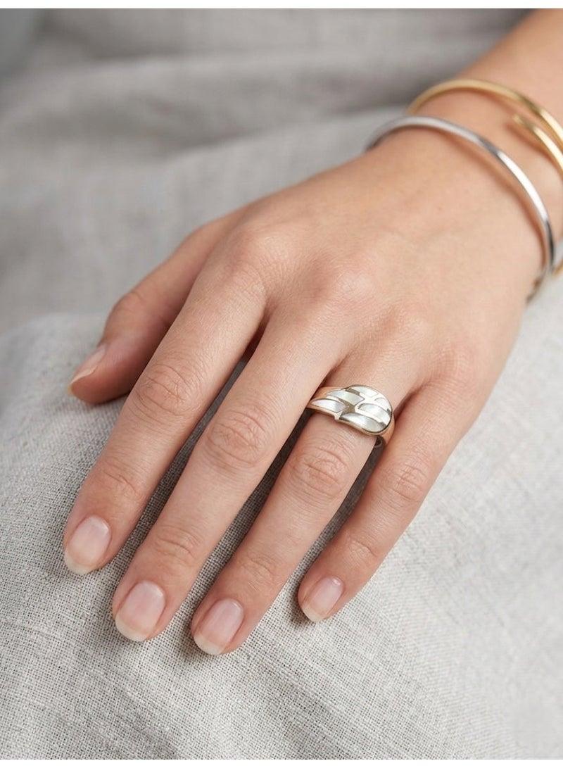 Kanira Premium 925 Sterling Silver Geometric Honeycomb Ring with Pearl Inlay | Minimalist Hexagon Band for Women | KANIRA | Size 8 - Image 1