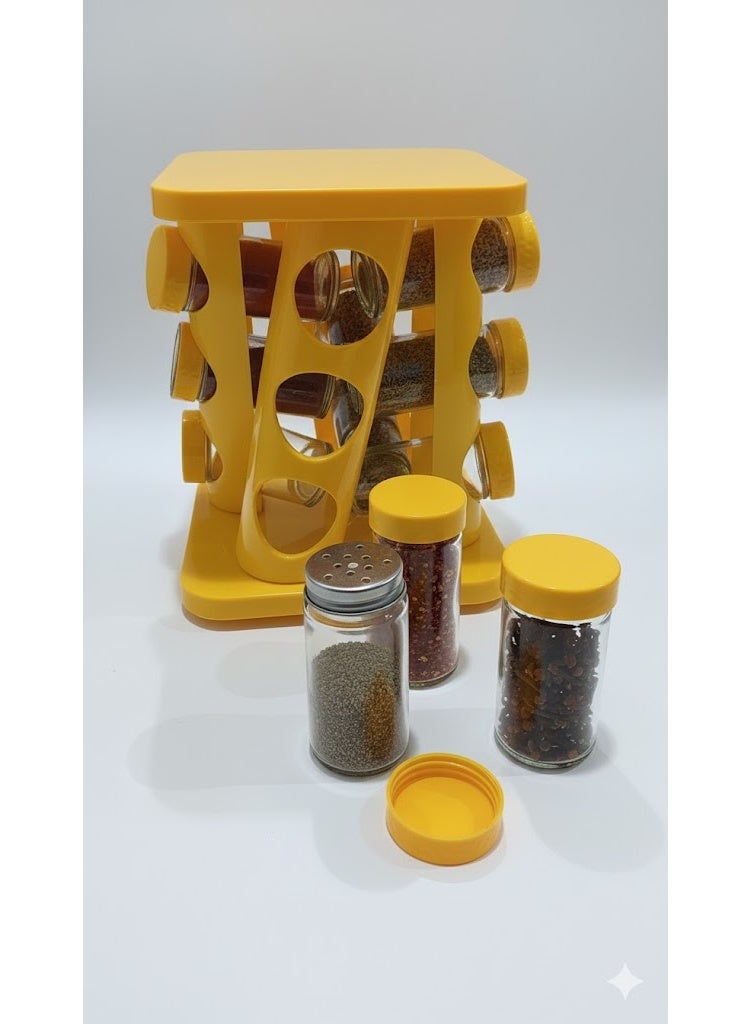 Biki 360-degree rotating spice rack, plastic square stand, 12 glass jars - yellow - Image 3