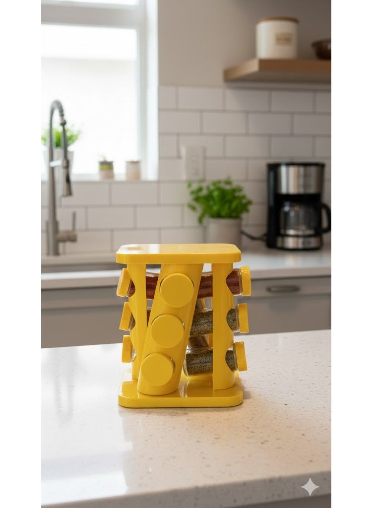 Biki 360-degree rotating spice rack, plastic square stand, 12 glass jars - yellow - Image 1