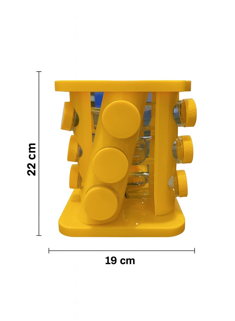Biki 360-degree rotating spice rack, plastic square stand, 12 glass jars - yellow - Image 4