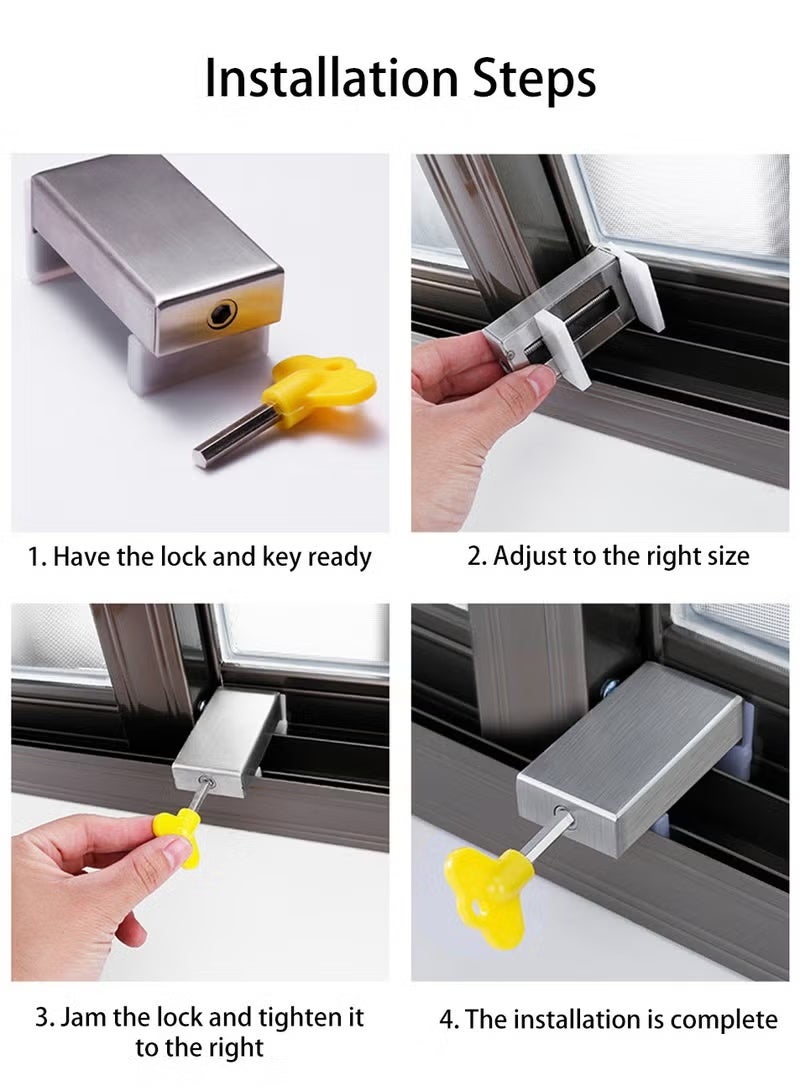 3 Pcs Sliding Window Locks Sets, Stainless Steel Windows Guard Stopper Adjustable Proof Patio Closet Doors Security Lock Safety Window Locks for Home and Office Child Safety with Keys - Image 5