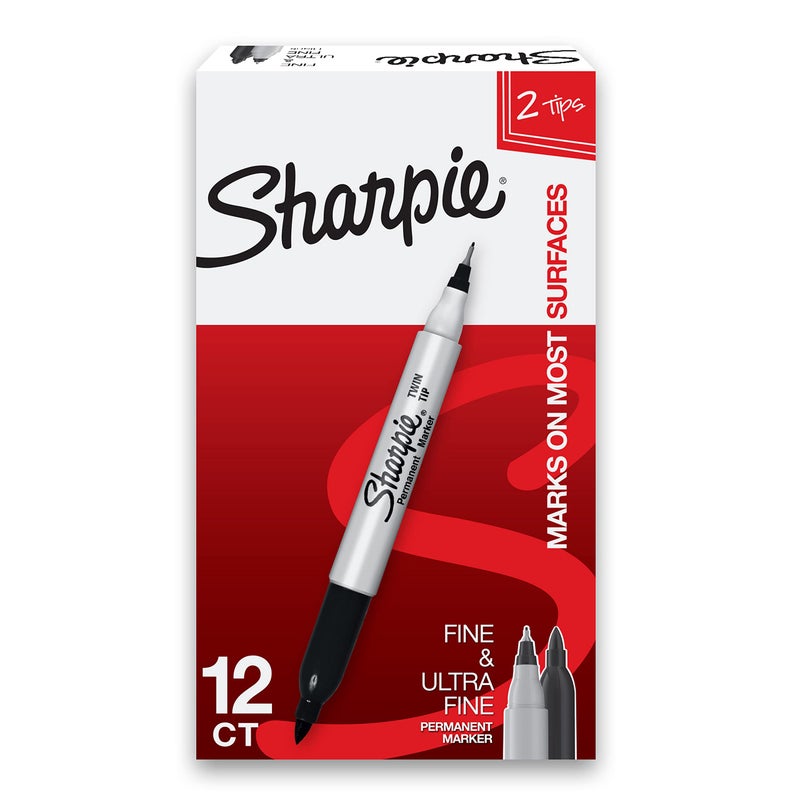 Sharpie Twin Tip Permanent Markers, Fine and Ultra Fine, Black, 12 Count - Image 1