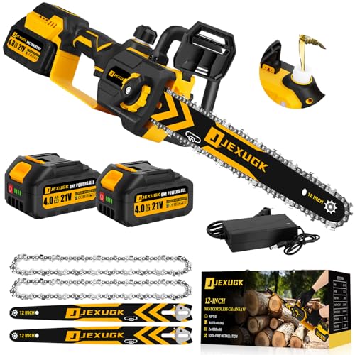 JEXUGK 12" Brushless Chainsaw, 21V Cordless Chainsaw with 2 x 4.0Ah Battery, Electric Motosierra De Gasolina with 2 x Chains & Guide Plate, Eléctrica Rechargeable Saw for Wood Cutting Trimming Branch - Image 1