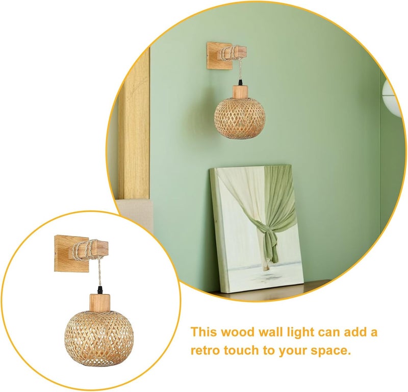 Vintage Wood Wall Sconce Lamp for Bedroom and Living Room Farmhouse Style Indoor Wall Light Fixture with Rattan Detail No Bulb Included Random Color - Image 3