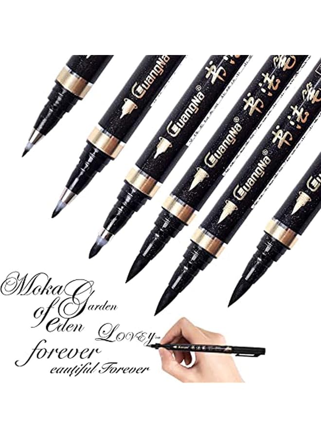 شواي قلم الخط من Dreamslink 6 قطع قلم تحديد بفرشاة سوداء، أقلام حروف يدوية للمبتدئين في كتابة الحروف، تصميم رسوم توضيحية بألوان مائية مميزة ورسم فني، 4 أحجام - Image 1