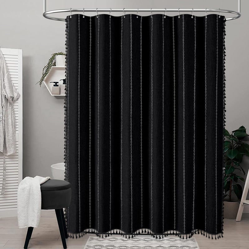 BTTN Boho Farmhouse Shower Curtain, Linen Rustic Weighted Striped Fabric Shower Curtain Set with Tassel, Water Repellent, Bohemian Vintage Country Shower Curtains for Bathroom, Black and White, 72x72 - Image 2