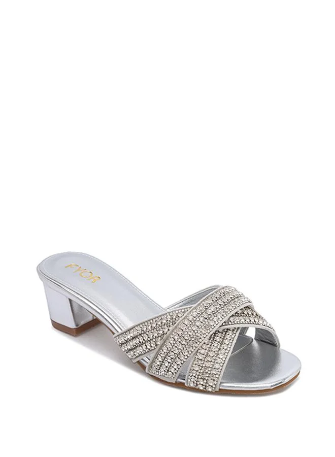 فايور Crystal Embellished Cross Strap Block Heel MY 392