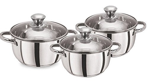 Pristine Tri Ply Induction Base Cooking Essential Compatible Sandwich Base Stainless Steel Casserole Set with Knob Glass Lid, Stay Cool Handles (6 Piece, Silver) - Image 1