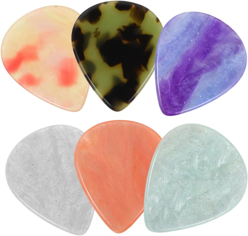 6pcs Resin Guitar Picks Set with Thin Bass and Electric Plectrums, Iridescent White, Gem Green, Violet, Warm Orange, White Sakura, and Magnolia Colors, Suitable for Practice - Image 1