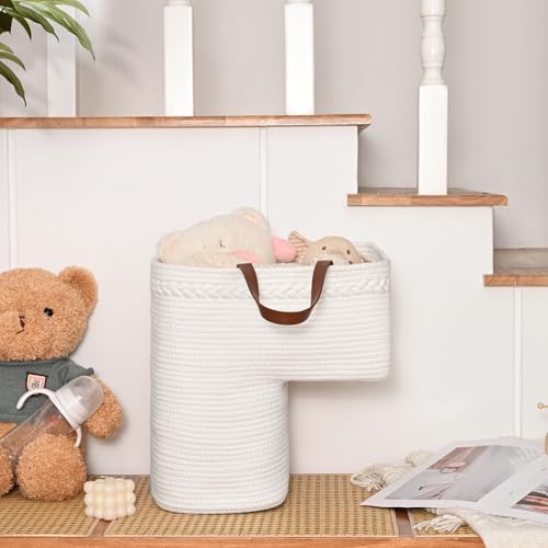 Degeyoyo Woven Stair Basket Stair Baskets for Wooden Stairs Carpeted Stairs Storage Basket with Handles Staircase Baskets for Toys Books White 15 L x 10 W x 15 H - Image 3