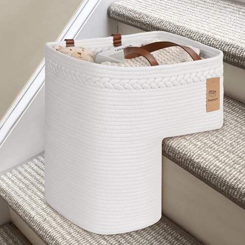 Degeyoyo Woven Stair Basket Stair Baskets for Wooden Stairs Carpeted Stairs Storage Basket with Handles Staircase Baskets for Toys Books White 15 L x 10 W x 15 H - Image 1
