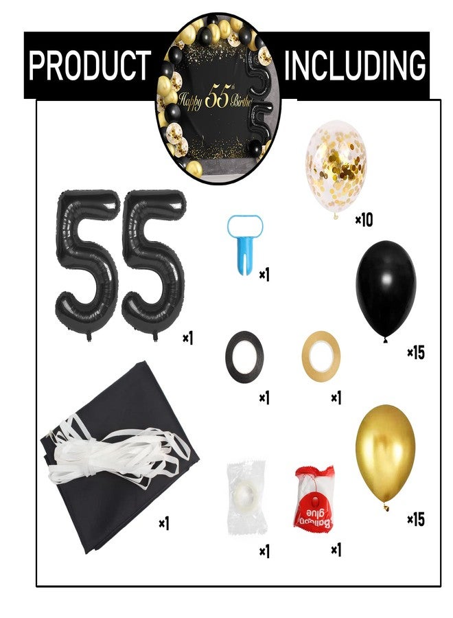 LINGPAR Happy 55th Birthday Balloons Black Set Decor - Cheers to 55 Years Old Party Theme Garland Banner Backdrop Decorations For Women and Men Supplies - Image 3