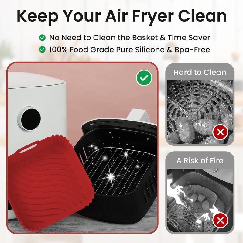 Redfly عبوة 2 من بطانات السيليكون لقلايات الهواء، إدخالات سلة قابلة لإعادة الاستخدام غير لاصقة مربعة لقلايات الهواء سعة 4-5 QT، بدائل ورق البرشمان آمنة في غسالة الصحون باللونين الأحمر والأزرق - Image 3