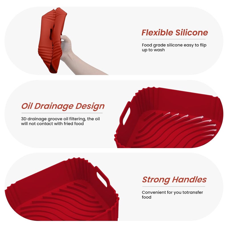 Redfly عبوة 2 من بطانات السيليكون لقلايات الهواء، إدخالات سلة قابلة لإعادة الاستخدام غير لاصقة مربعة لقلايات الهواء سعة 4-5 QT، بدائل ورق البرشمان آمنة في غسالة الصحون باللونين الأحمر والأزرق - Image 4