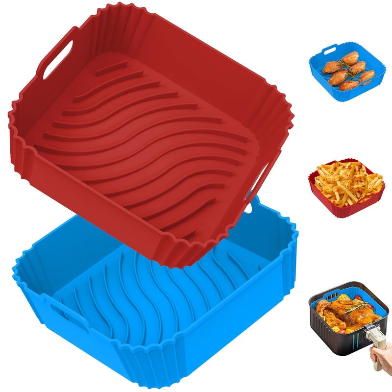 Redfly عبوة 2 من بطانات السيليكون لقلايات الهواء، إدخالات سلة قابلة لإعادة الاستخدام غير لاصقة مربعة لقلايات الهواء سعة 4-5 QT، بدائل ورق البرشمان آمنة في غسالة الصحون باللونين الأحمر والأزرق - Image 1