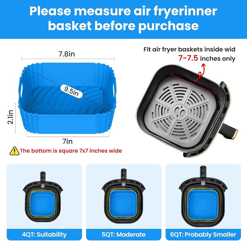 Redfly عبوة 2 من بطانات السيليكون لقلايات الهواء، إدخالات سلة قابلة لإعادة الاستخدام غير لاصقة مربعة لقلايات الهواء سعة 4-5 QT، بدائل ورق البرشمان آمنة في غسالة الصحون باللونين الأحمر والأزرق - Image 2