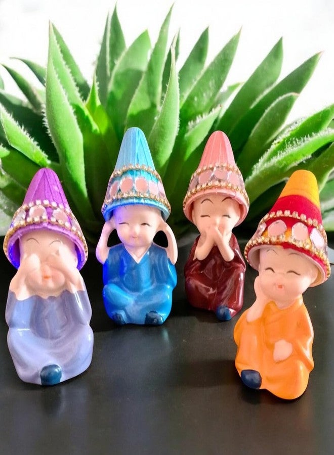 ARINJAY Set of 4 Resin Buddha Monk Statue with Hat| Think No Evil Speak No Evil Hear No Evil See No Evil| Buddha Statues for Home Decor Living Room Office Car Dashboard Showpiece Gift for Birthday - Image 2