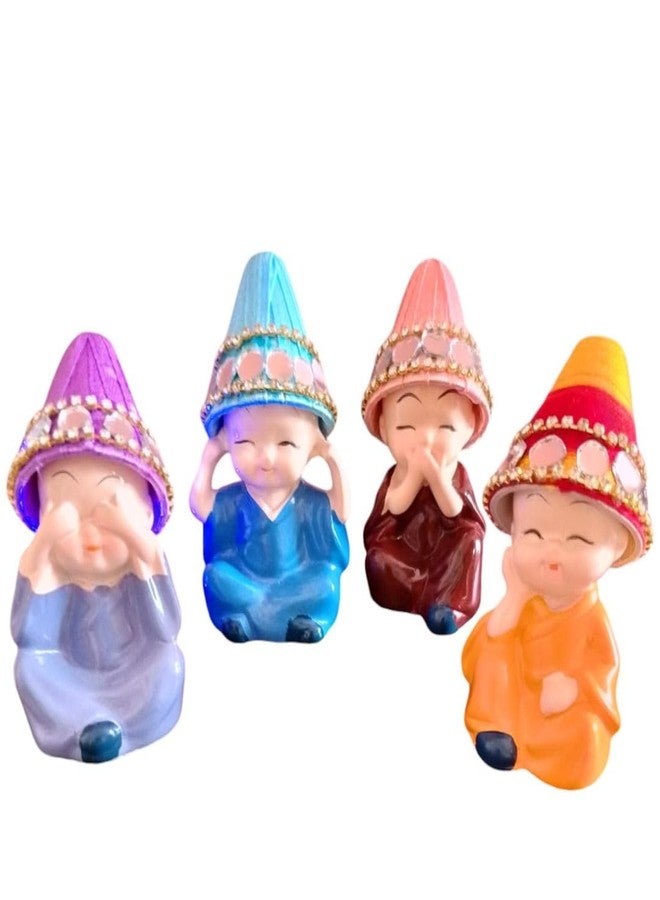 ARINJAY Set of 4 Resin Buddha Monk Statue with Hat| Think No Evil Speak No Evil Hear No Evil See No Evil| Buddha Statues for Home Decor Living Room Office Car Dashboard Showpiece Gift for Birthday - Image 4