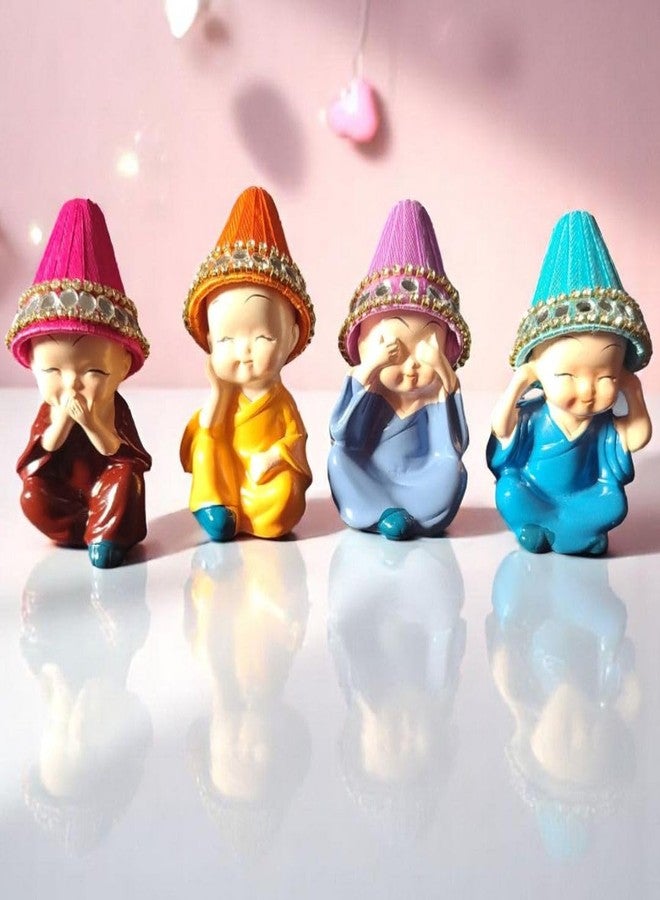 ARINJAY Set of 4 Resin Buddha Monk Statue with Hat| Think No Evil Speak No Evil Hear No Evil See No Evil| Buddha Statues for Home Decor Living Room Office Car Dashboard Showpiece Gift for Birthday - Image 1