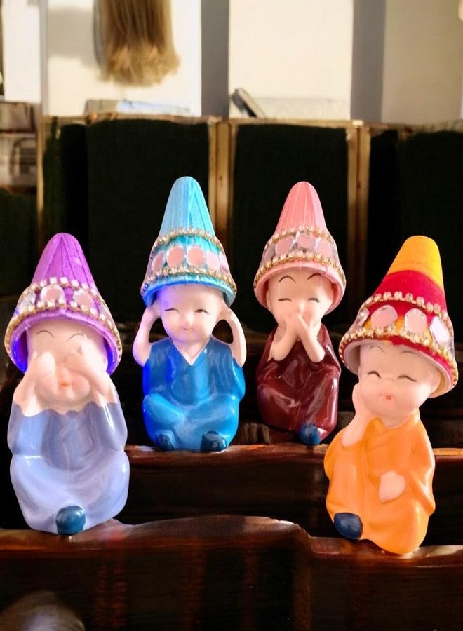 ARINJAY Set of 4 Resin Buddha Monk Statue with Hat| Think No Evil Speak No Evil Hear No Evil See No Evil| Buddha Statues for Home Decor Living Room Office Car Dashboard Showpiece Gift for Birthday - Image 3