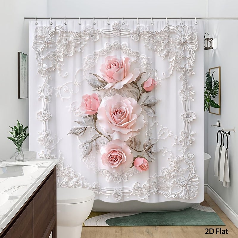 2D Flat Rose Shower Curtain Romantic Pink Lace 150x150cm - Image 5