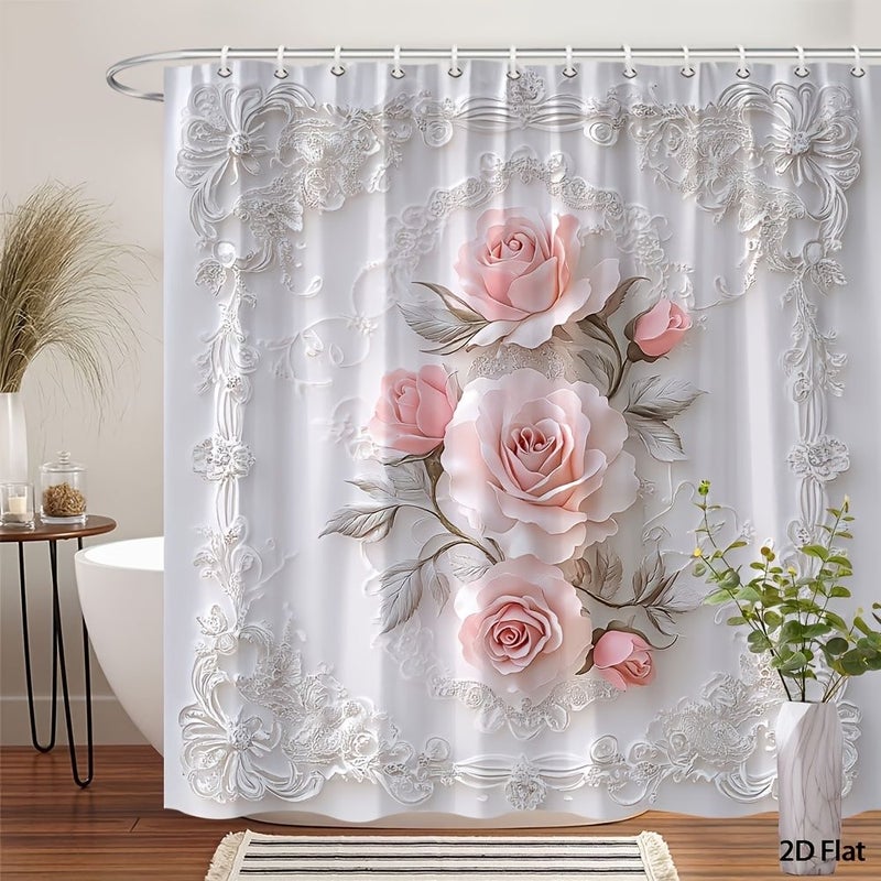 2D Flat Rose Shower Curtain Romantic Pink Lace 150x150cm - Image 3