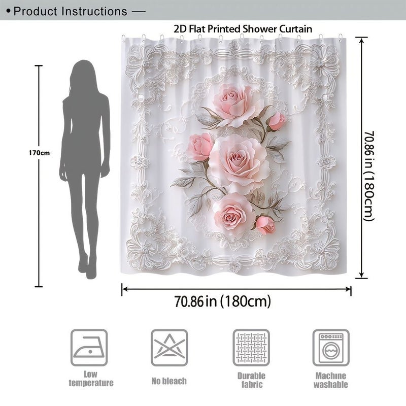 2D Flat Rose Shower Curtain Romantic Pink Lace 150x150cm - Image 2