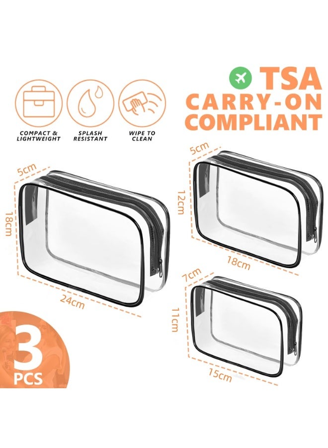 3 Pack Clear Toiletry Bag,Portable Travel Makeup Bags with Zipper, TSA Approved Clear Organizer Bags, PVC Cosmetic Pouch for Airport Airline Compliant - Image 2