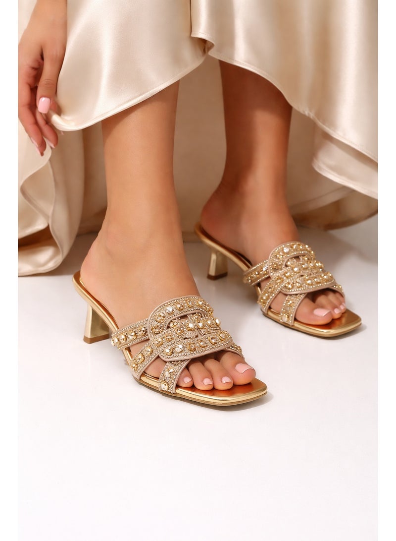 لايف ستيلاش  كعب شبشب من الجلد مطرَّز انيقX-14 - ذهبي - Image 1