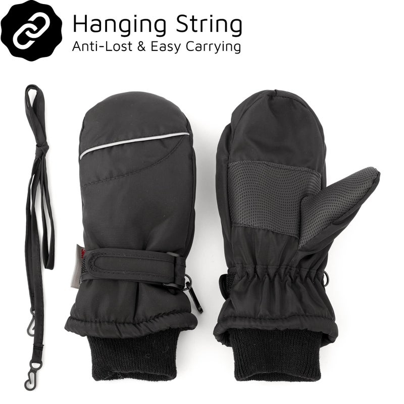 F Flammi Toddler Kids Snow Mittens with String Waterproof Ski Mittens Thinsulate Winter Gloves for Baby Girls Boys(Plain Black,2-4) - Image 3