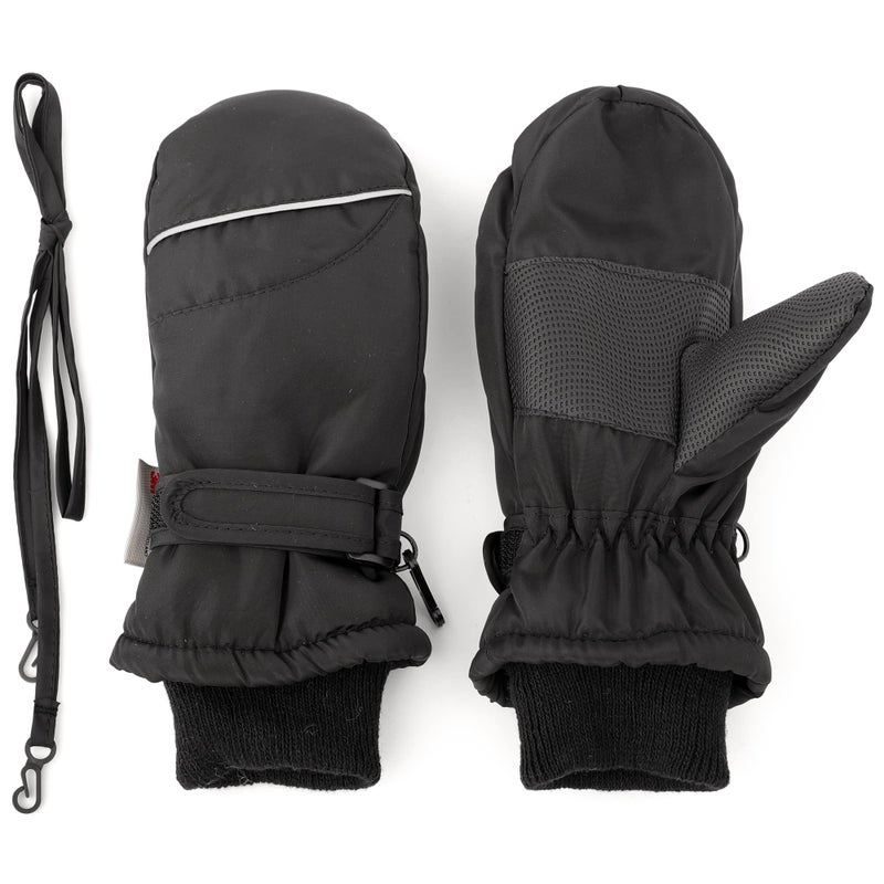 F Flammi Toddler Kids Snow Mittens with String Waterproof Ski Mittens Thinsulate Winter Gloves for Baby Girls Boys(Plain Black,2-4) - Image 1