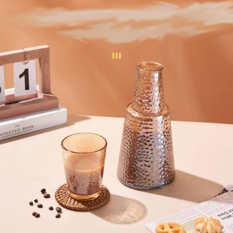 Simple Striped Glass Night Water Bottle with Cup, Glass Carafe and Cup Set (Shape 2, Honey) - Image 4