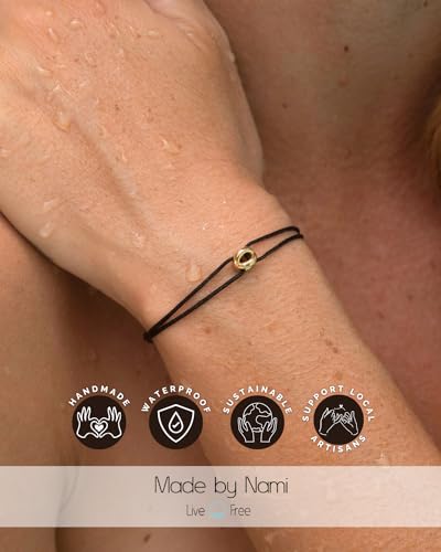 Made by Nami Adjustable String Bracelets for Women and Men Handmade & Waterproof Nylon Cord Bracelet for Men and Women with Stainless Steel Ring Charm (Black Gold) - Image 3