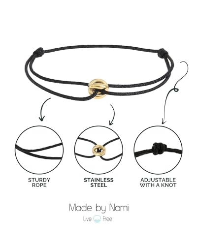 Made by Nami Adjustable String Bracelets for Women and Men Handmade & Waterproof Nylon Cord Bracelet for Men and Women with Stainless Steel Ring Charm (Black Gold) - Image 2