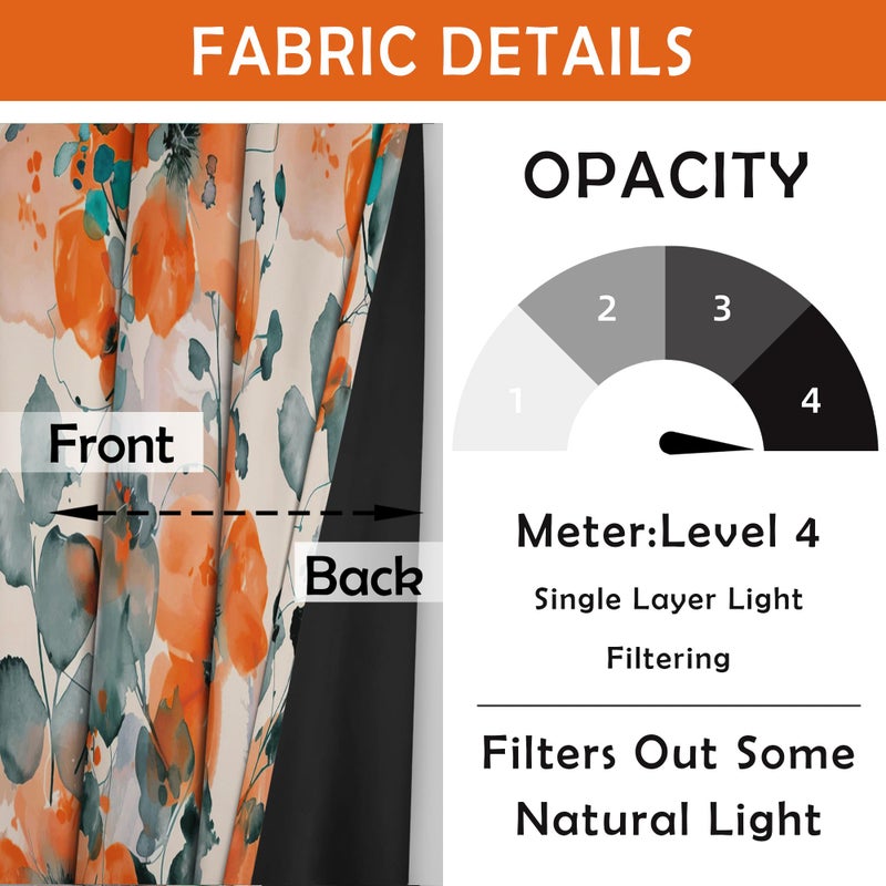 weesire Floral Blackout Curtains for Bedroom Living Room 2 Panels 100% Boho Blackout Curtains Orange Flower Pattern Curtains Abstract Curtains Rustic Farmhouse Curtains, 52x84 Inches - Image 4