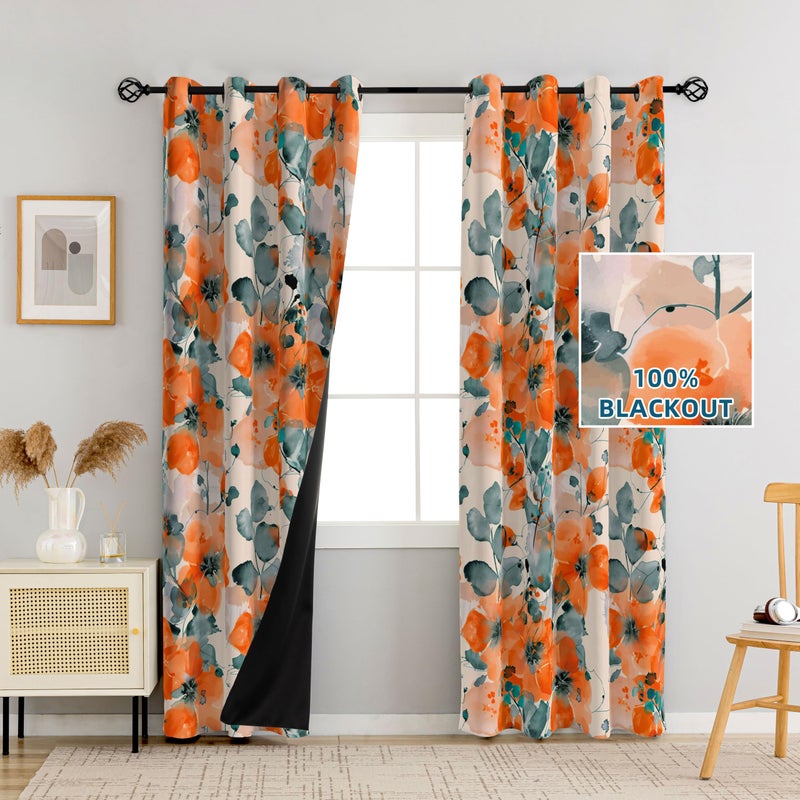 weesire Floral Blackout Curtains for Bedroom Living Room 2 Panels 100% Boho Blackout Curtains Orange Flower Pattern Curtains Abstract Curtains Rustic Farmhouse Curtains, 52x84 Inches - Image 3