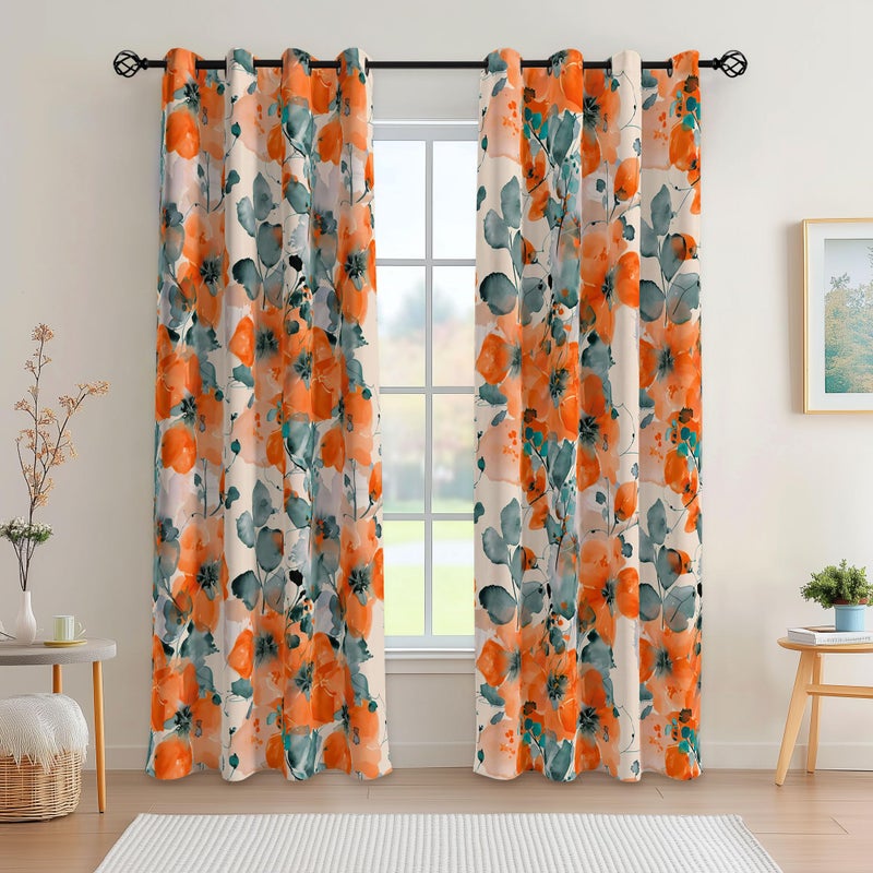 weesire Floral Blackout Curtains for Bedroom Living Room 2 Panels 100% Boho Blackout Curtains Orange Flower Pattern Curtains Abstract Curtains Rustic Farmhouse Curtains, 52x84 Inches - Image 2