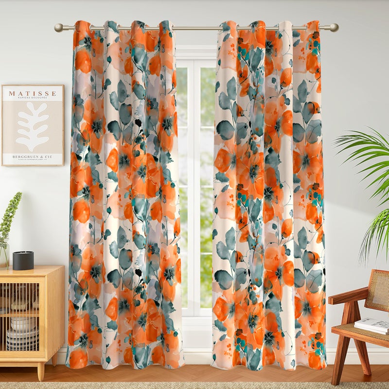weesire Floral Blackout Curtains for Bedroom Living Room 2 Panels 100% Boho Blackout Curtains Orange Flower Pattern Curtains Abstract Curtains Rustic Farmhouse Curtains, 52x84 Inches - Image 1