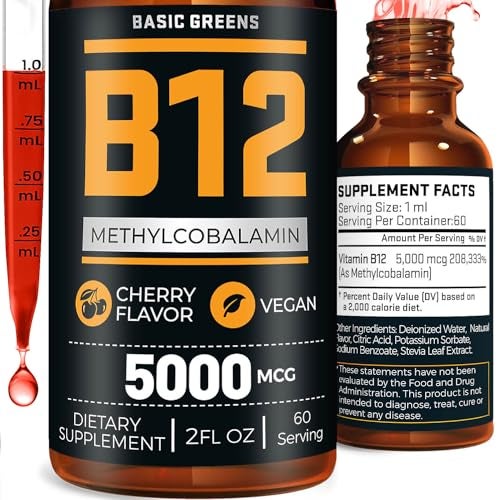 BASIC GREENS Vitamin B12 Sublingual Liquid Drops 5000 mcg Vegan Methyl B12 Supplement for Energy Focus B 12 Vitamin for Women Men Fast Absorption Methylcobalamin 60 Servings 2 fl oz
