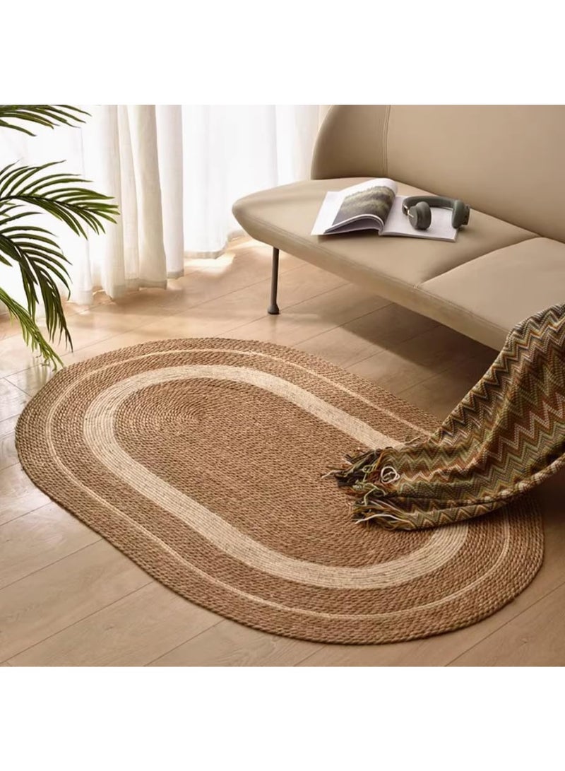 Premium Natural Jute Oval Rug – 150x90 cm, Modern White Line Design for Home & Office Spaces - Image 1